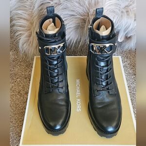 Michael Kors Black Leather Ankle Boots with Gold Logo